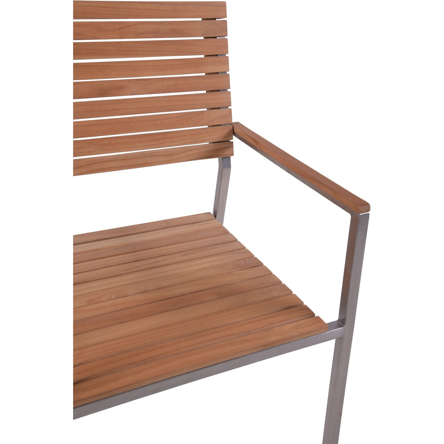 Detailansicht Gartenmöbel-Set Dallas/Denver: Teakholz-Bank mit Edelstahlgestell.