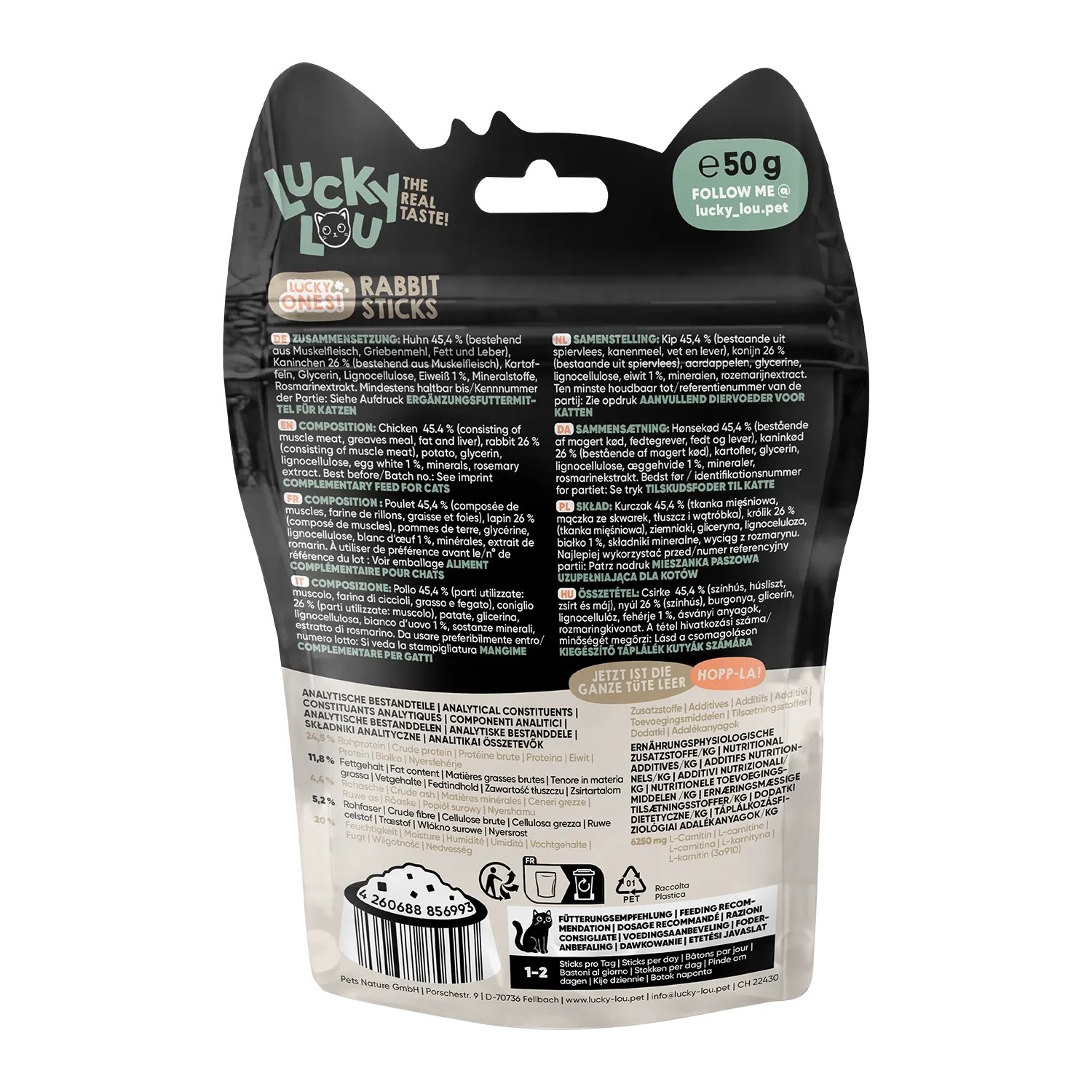 Lucky Lou Katzen-Snacks Sticks Huhn & Kaninchen, 50g Packung. Leckerli für Katzen.