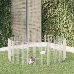 Verzinkter, runder Kaninchenkäfig mit 10 Paneelen und Kaninchen im Garten.