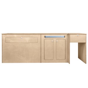 Monstershop Küchenzeile für Wohnmobil, Camping-Ausstattung aus hellem Holz mit Tisch und Stauraum.