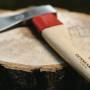 Ochsenkopf Forstaxt Universal Gold mit poliertem Kopf, roter Stielschutzhülse und Hickory-Stiel auf Holzstamm.