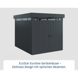 EcoStar Gerätehaus Euroline, anthrazit, mit Flachdach und Lichtband. Gerätehäuser für den Garten.