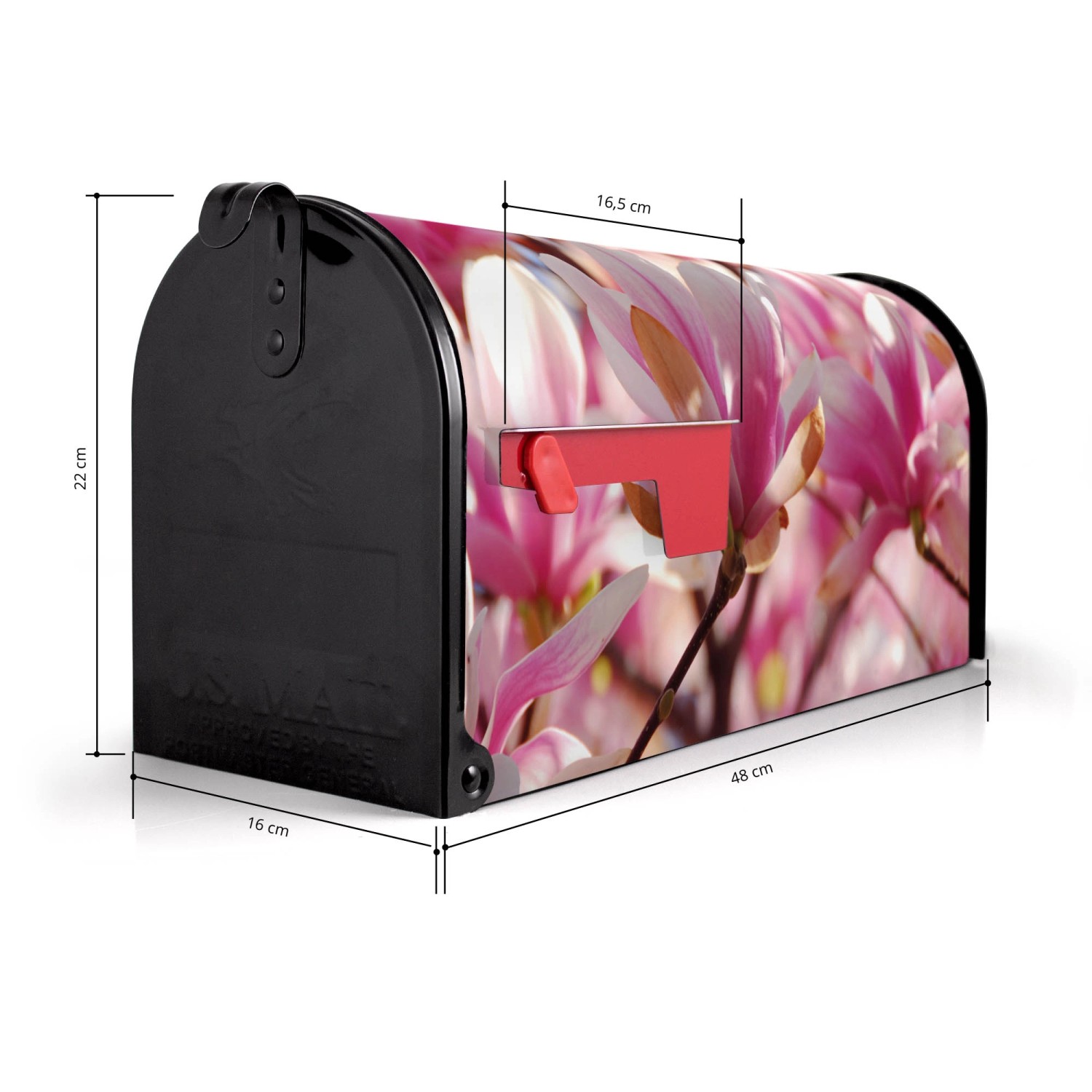 Schwarzer US Briefkasten mit Magnolien Motiv, Stahl, 48x22x16cm. Ideal als Wand- oder Standbriefkasten.