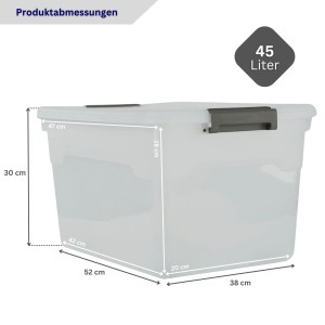 Transparente 45L Aufbewahrungsbox mit Deckel, Rollen und Verschlussclips, Maße sind eingezeichnet.