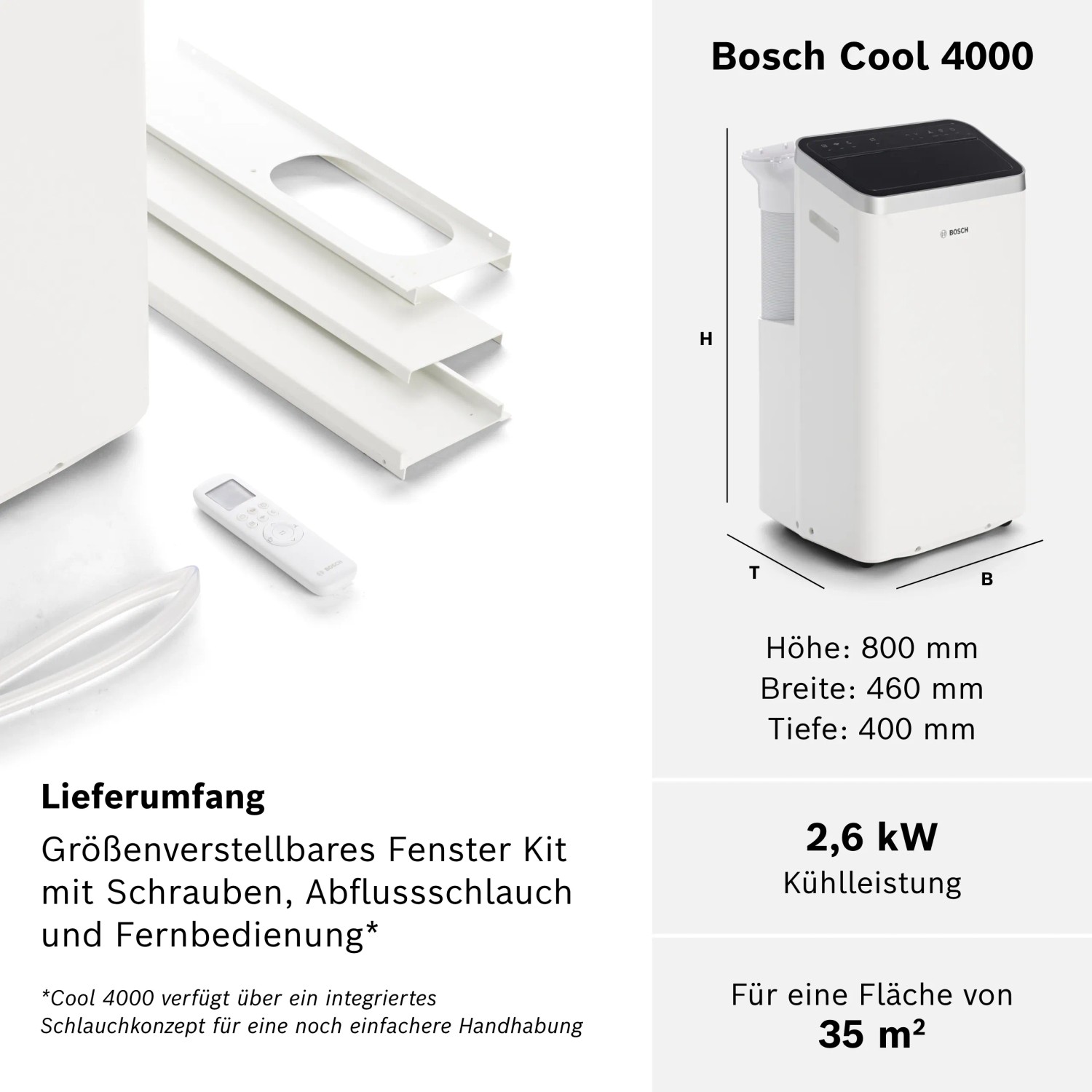 Bosch Cool 4000: Mobiles Klimagerät in Weiß mit Zubehör und Maßangaben.