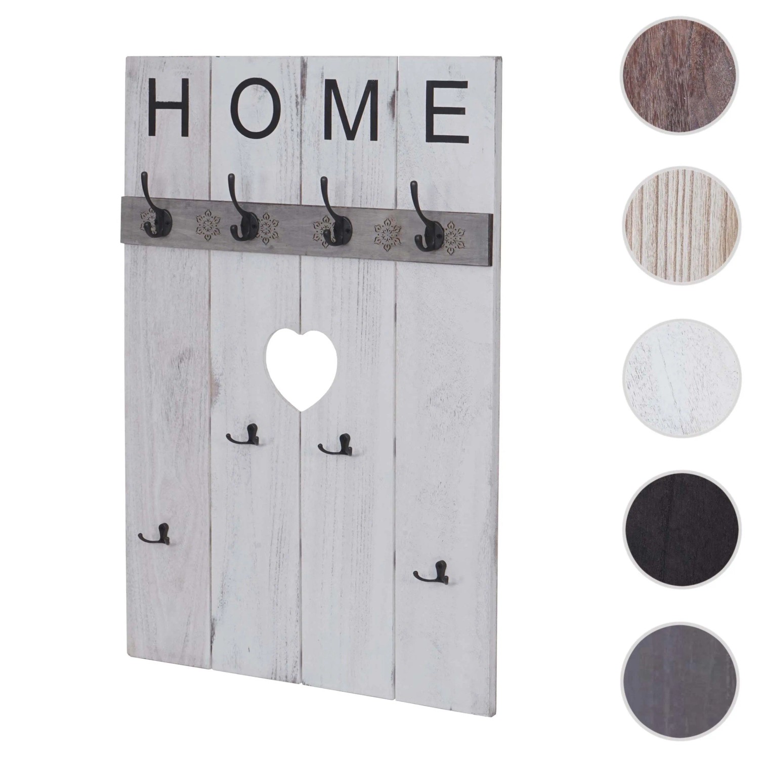 Weiße Wandgarderobe im Shabby-Look mit 8 Haken und Herz-Ausschnitt.