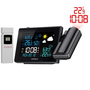 Kienzle Funk-Wetterstation mit Projektion in Schwarz, mit Außensensor und Projektionsanzeige.