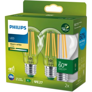 2er Set Philips E27 LED-Leuchtmittel, 4W, Glühlampenform, warmweißes Licht.