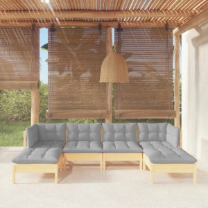 6-tlg. Garten Lounge Set aus Kiefernholz mit grauen Kissen. Modulares Outdoor-Sofa für Garten oder Terrasse.