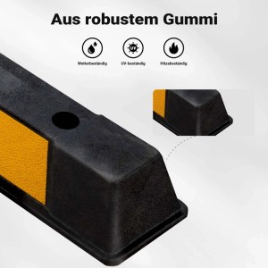 Robuster schwarzer Gummi Radstopper mit gelbem Reflexionsstreifen. Wetter-, UV- und hitzebeständige Einparkhilfe für Garage.