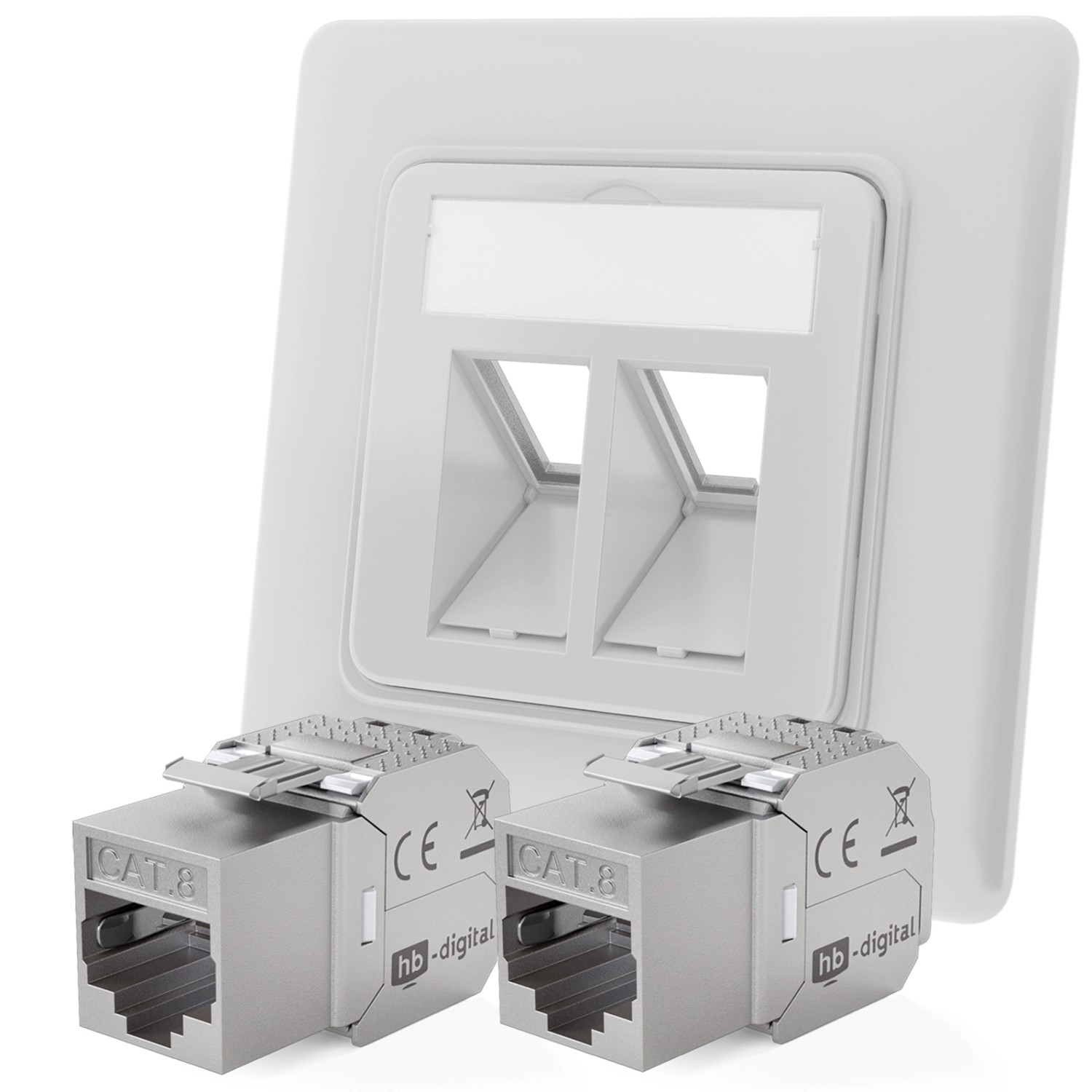 hb-digital Netzwerkdose Unterputz Einsatz 2 Port mit 2x Keystone Modul CAT 8 RAL9003