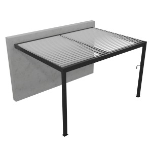 Graue Gardengate Anbaupergola Odin mit weißen Lamellen, 400x400 cm. Pavillon mit Lamellendach.