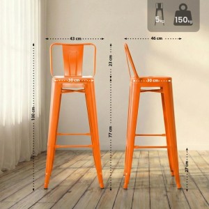 2er Set orangefarbene Metall-Barhocker Mason, Industrial-Stil. Ansichten von vorne und Seite mit Maßen.