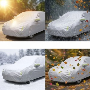 Silberne Autoabdeckplane schützt Limousine vor Sonne, Regen, Schnee und Laub. Robuste Vollgarage für PKW.