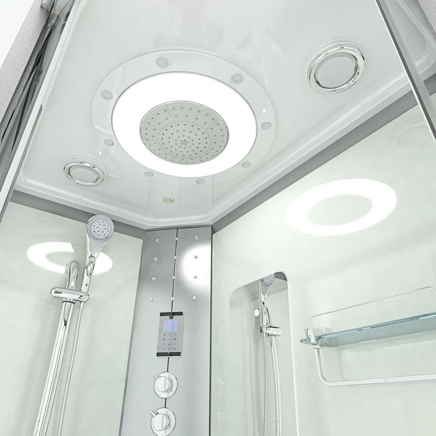 Innenansicht der AquaVapore Duschkabine 80x120 mit Regendusche, Handbrause und Bedienelementen.