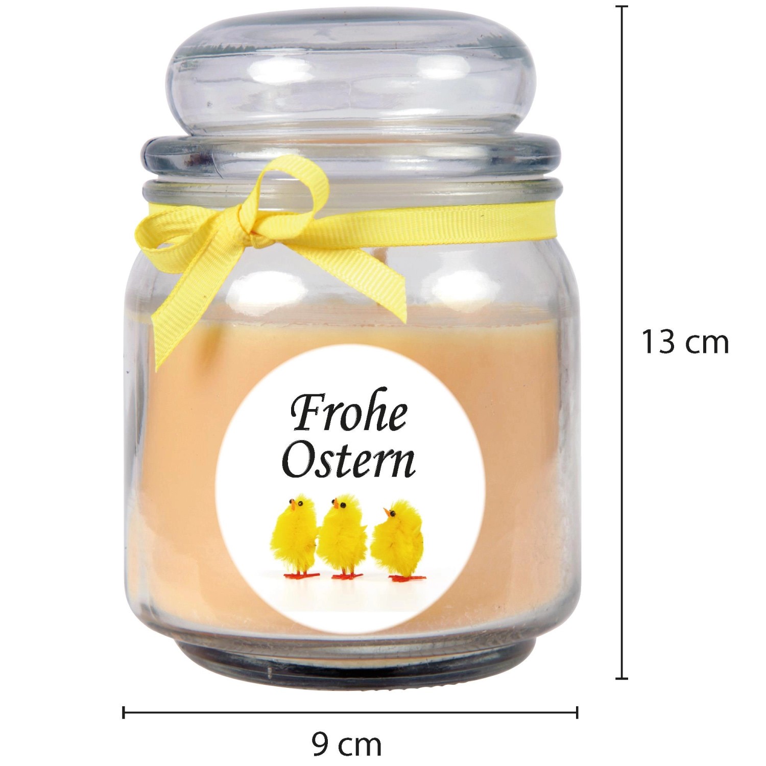 Duftkerze Frohe Ostern im Glas (Ø9cm) mit Vanilleduft und Küken-Motiv.
