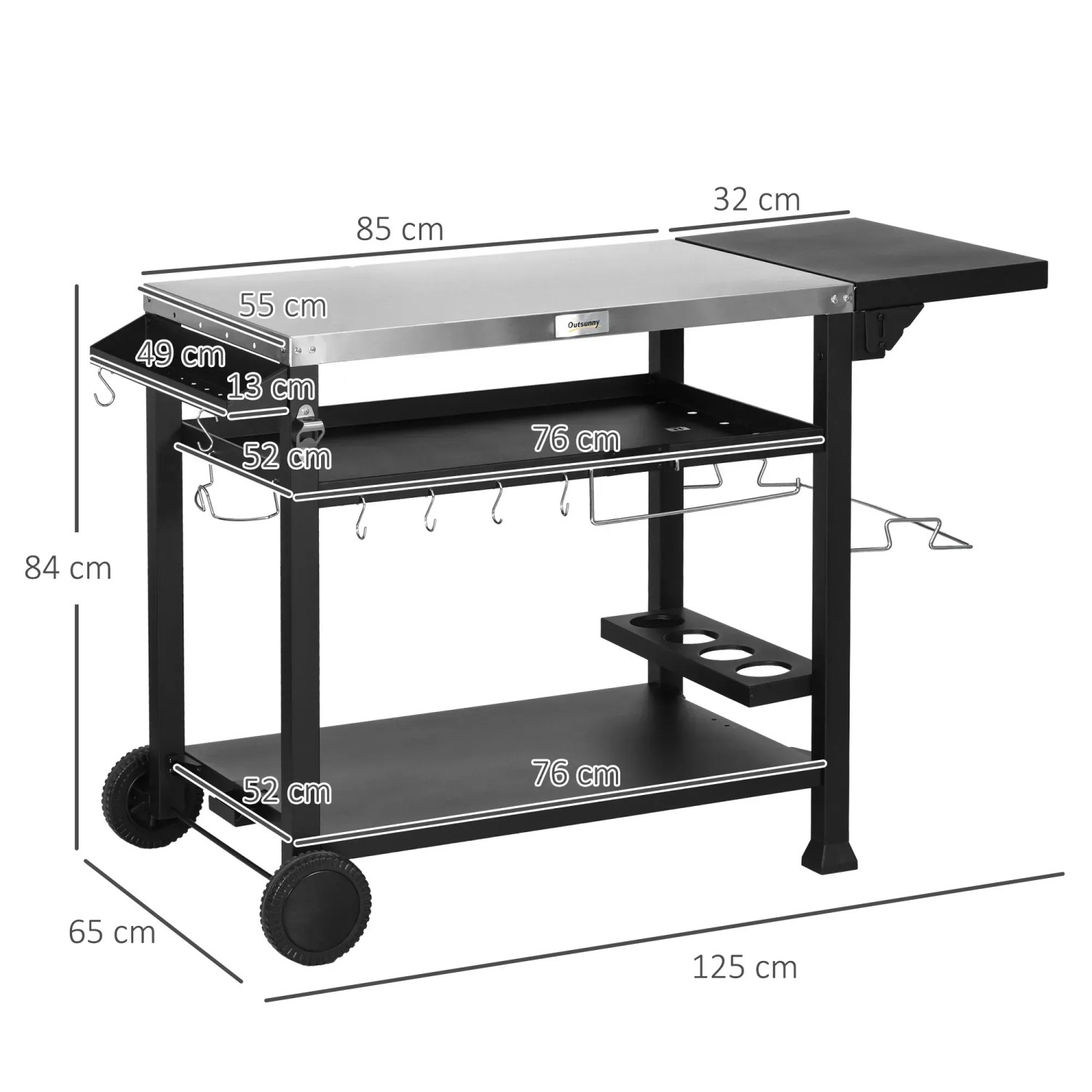Outsunny Grillwagen aus Edelstahl und Metall, schwarz, 125 cm breit, mit Ablagen und Rädern.