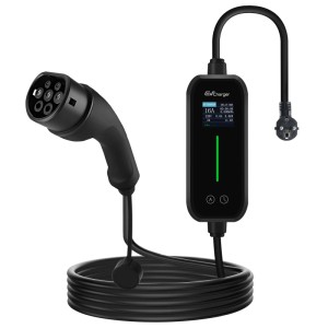 Junsun Typ 2 Ladekabel Schuko 3 kW für Elektrofahrzeuge, mit Display und Stecker.