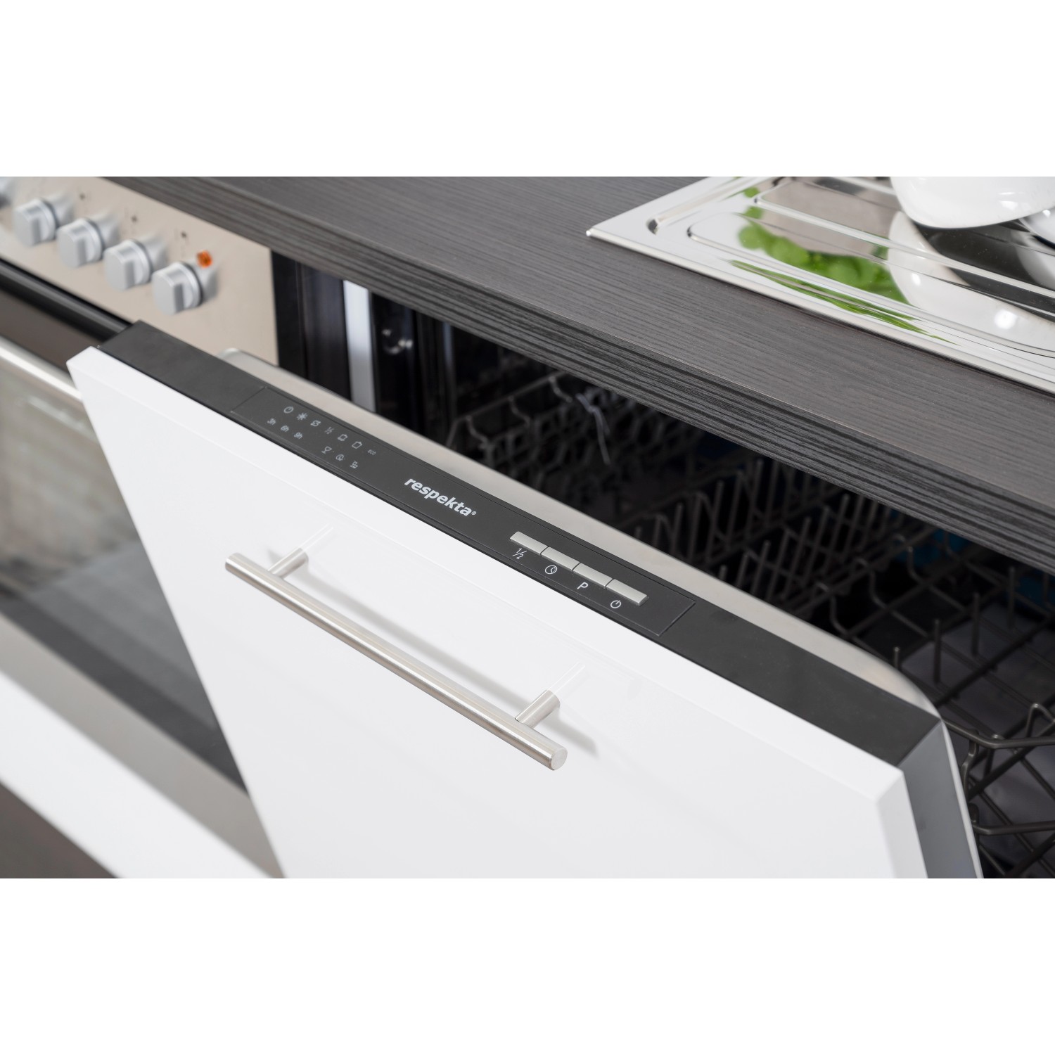 Respekta Geschirrspüler in Küchenzeile, Front Weiß, Teil der Küchenzeile Schwarz Hochglanz-Eiche Grau