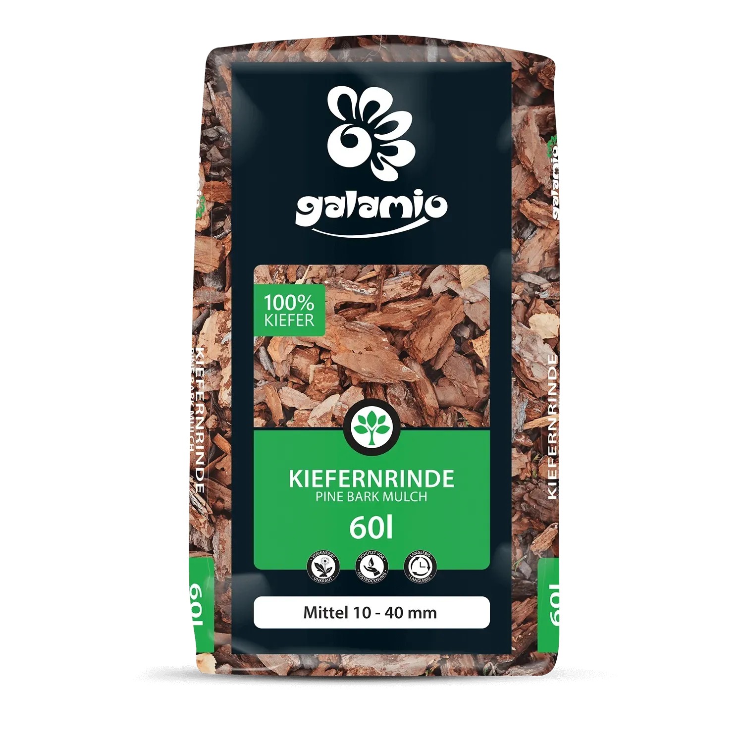 Sack Galamio Kiefernrinde, mittlere Körnung (10-40mm), 60l. Rindenmulch für Beet und Garten.