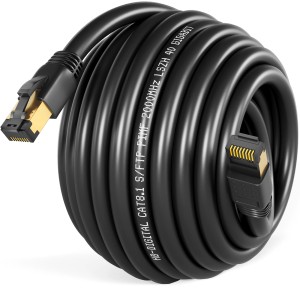 Schwarzes hb-digital CAT 8.1 Patchkabel (10m) mit vergoldeten RJ45-Steckern, aufgerollt.