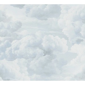 Tadessi Vliestapete mit weißen Wolken auf hellblauem Hintergrund. Dekoratives Design für Kinderzimmer.