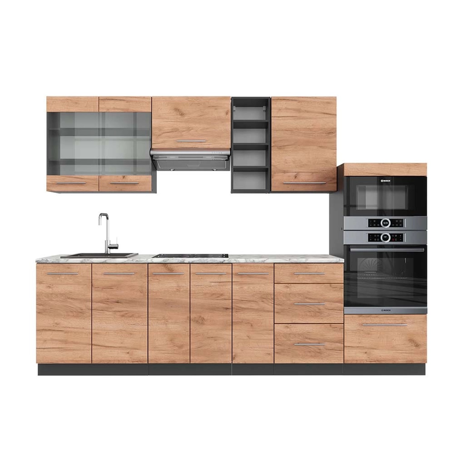 Vicco Fame-Line Küchenzeile Goldkraft Eiche/Anthrazit 280 cm AP Marmor günstig online kaufen
