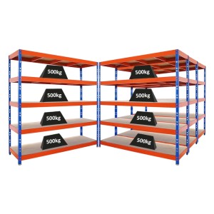 PROREGAL Mega Deal 4x Profi Schwerlastregal Rhino HxBxT 200x200x60cm 5 Spanplatten-Ebenen 8mm Fachlast 500kg Blau/Orange