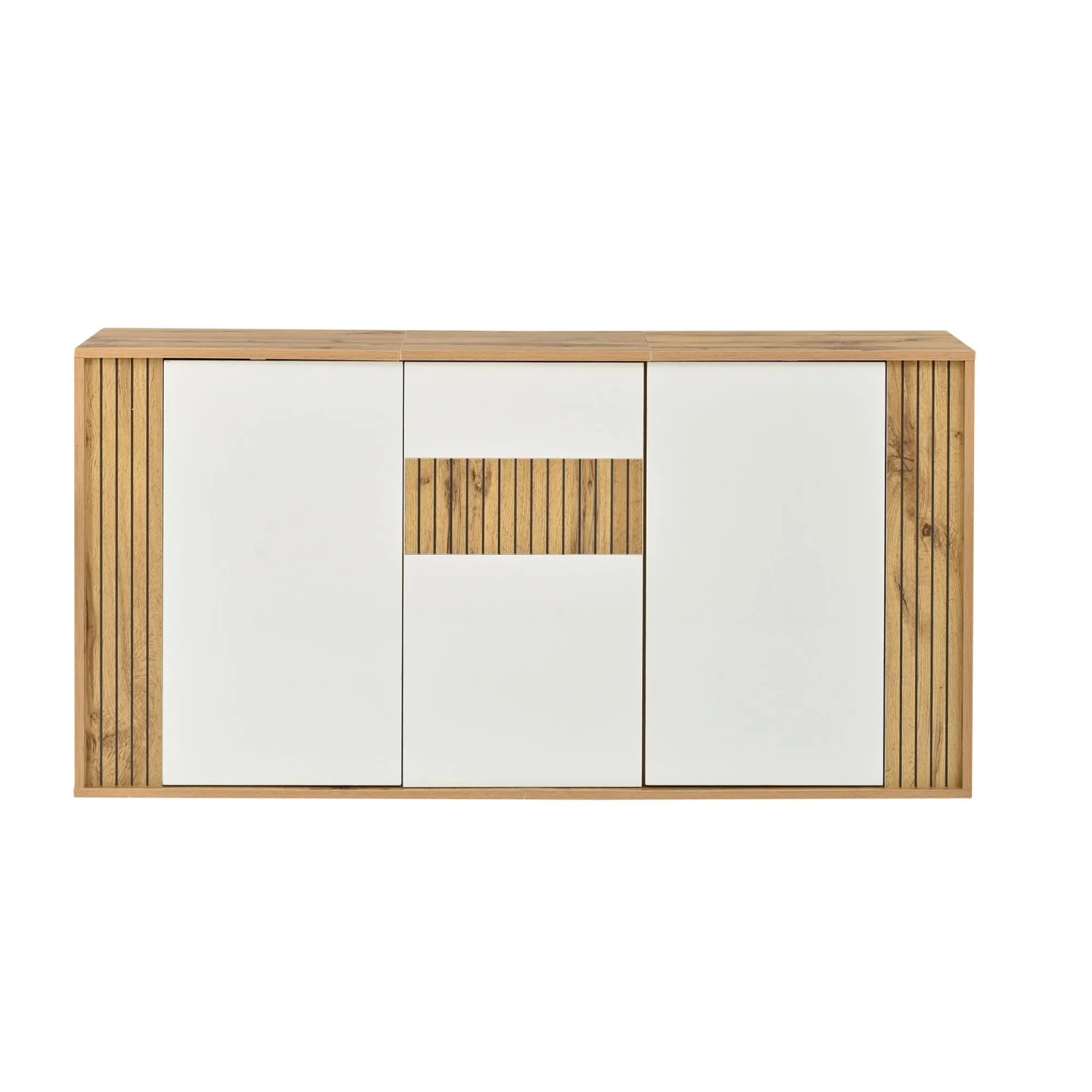 Merax Sideboard 140x35x71 cm 3 Türen Hochglanz Wellenoptik Weiß Holzoptik