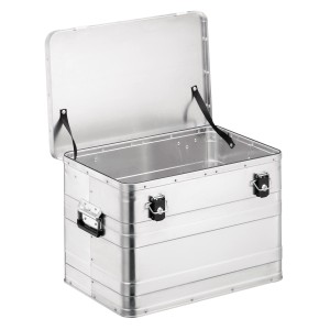 Offene LUX Aluminiumbox, 70 l, ideal zur Lagerung und zum Transport, mit Tragegriffen und Kantenschutz.
