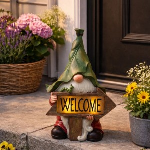 Marelida LED Solar Gartenzwerg Mit WELCOME Schild Gartenfigur Gartendeko H  33cm