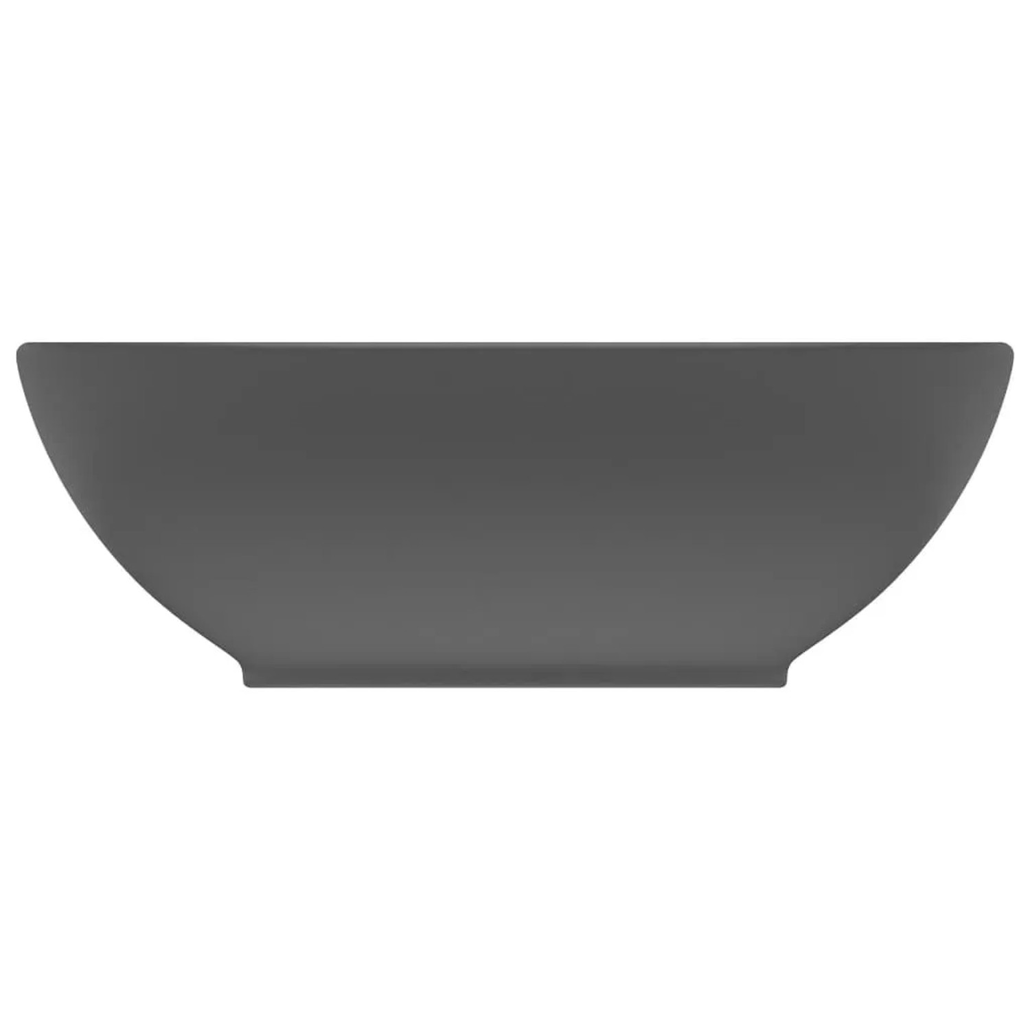 Ovales Aufsatzwaschbecken aus matt dunkelgrauer Keramik. Modernes Design für Bad und Gäste-WC.