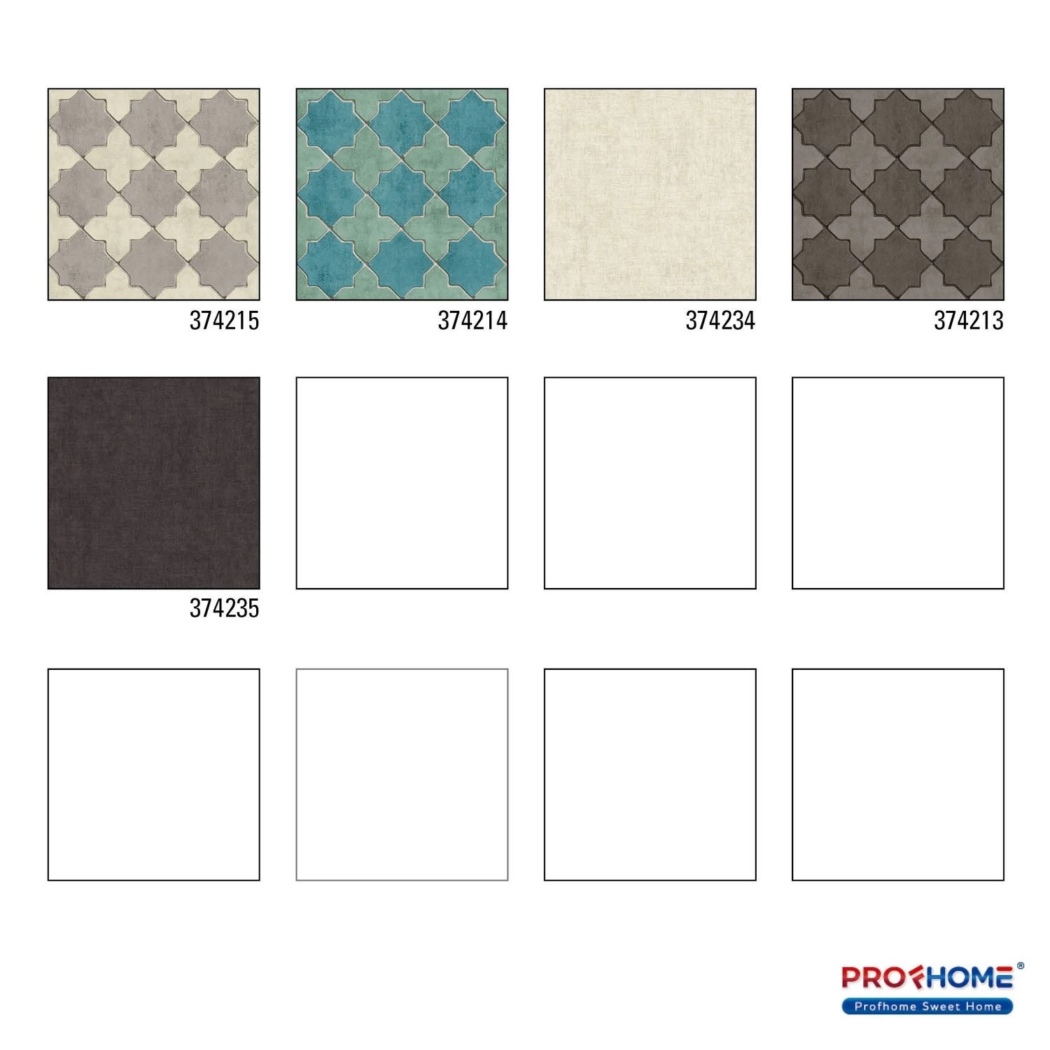 Muster verschiedener PROFHOME Grafik Tapeten mit geometrischen Mustern in Grau und Creme.