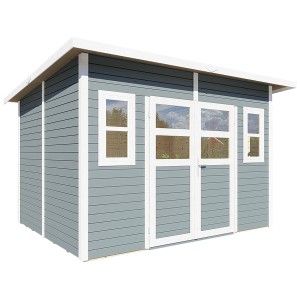 Graues Holz-Gartenhaus Felix mit Doppeltür und Fenstern. Ideal zur Aufbewahrung im Garten.
