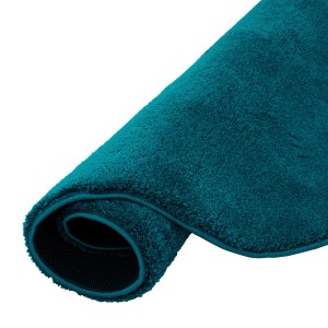 Gerollter, petrolfarbener Pergamon Hochflor Teppich Silky, 200x200cm.