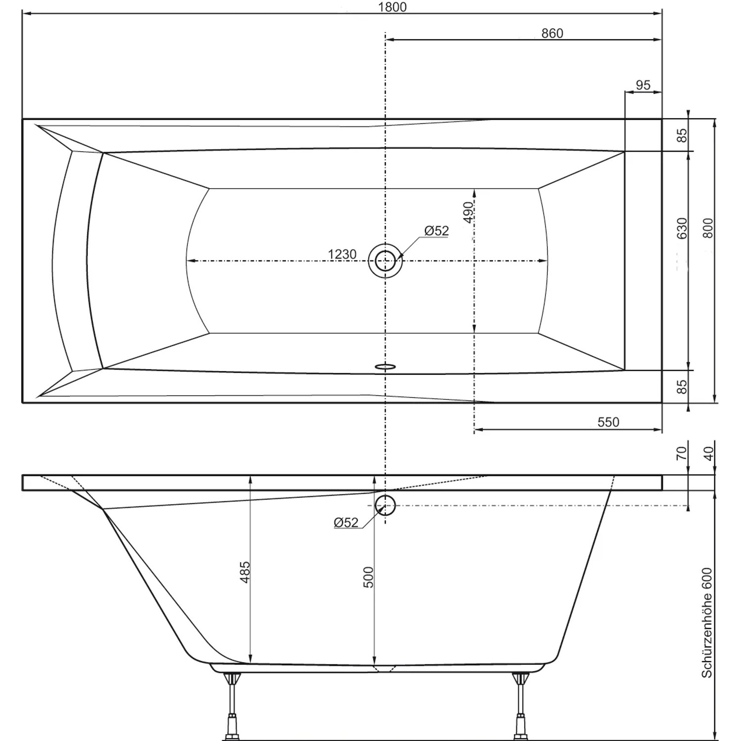 Technische Zeichnung der Porta Badewanne, 180x80 cm, mit Maßangaben.