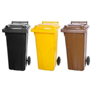 PROREGAL Mülltonnen SuperSparSet: 3x 120L Tonnen in Grau/Schwarz, Gelb und Braun aus HDPE-Kunststoff.