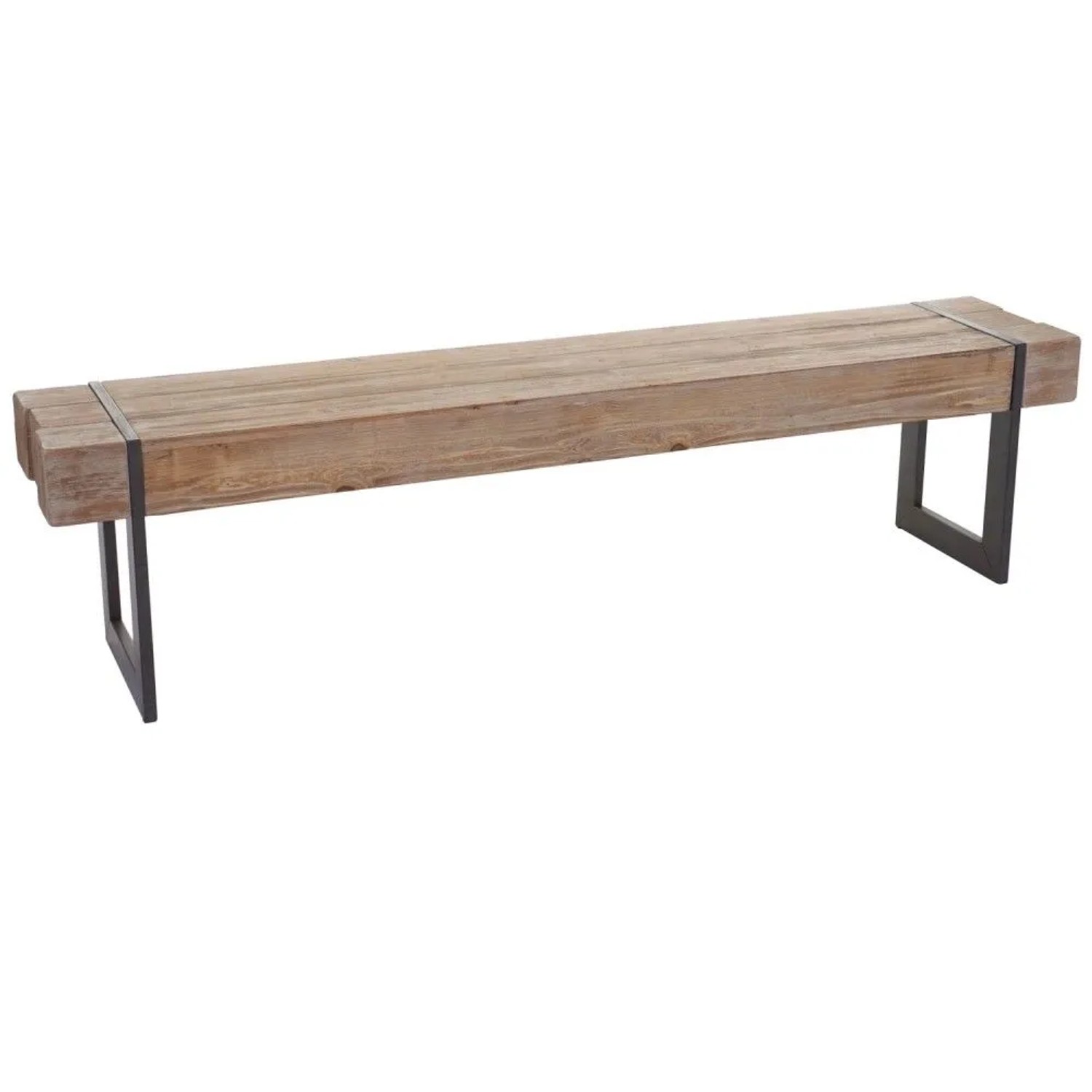 Lange Garderobenbank im Industrial Design mit heller Tannenholz-Sitzfläche und schwarzen Metallfüßen.