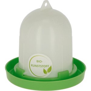 Bio-Kunststofftränke, 1,5 l, für Hühner, weißer Behälter mit grünem Sockel.