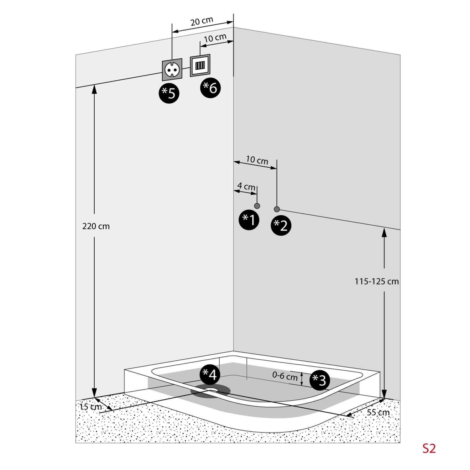 Skizze der AquaVapore Duschkabine 80x120 cm mit Maßangaben zu Anschlüssen für Installation.