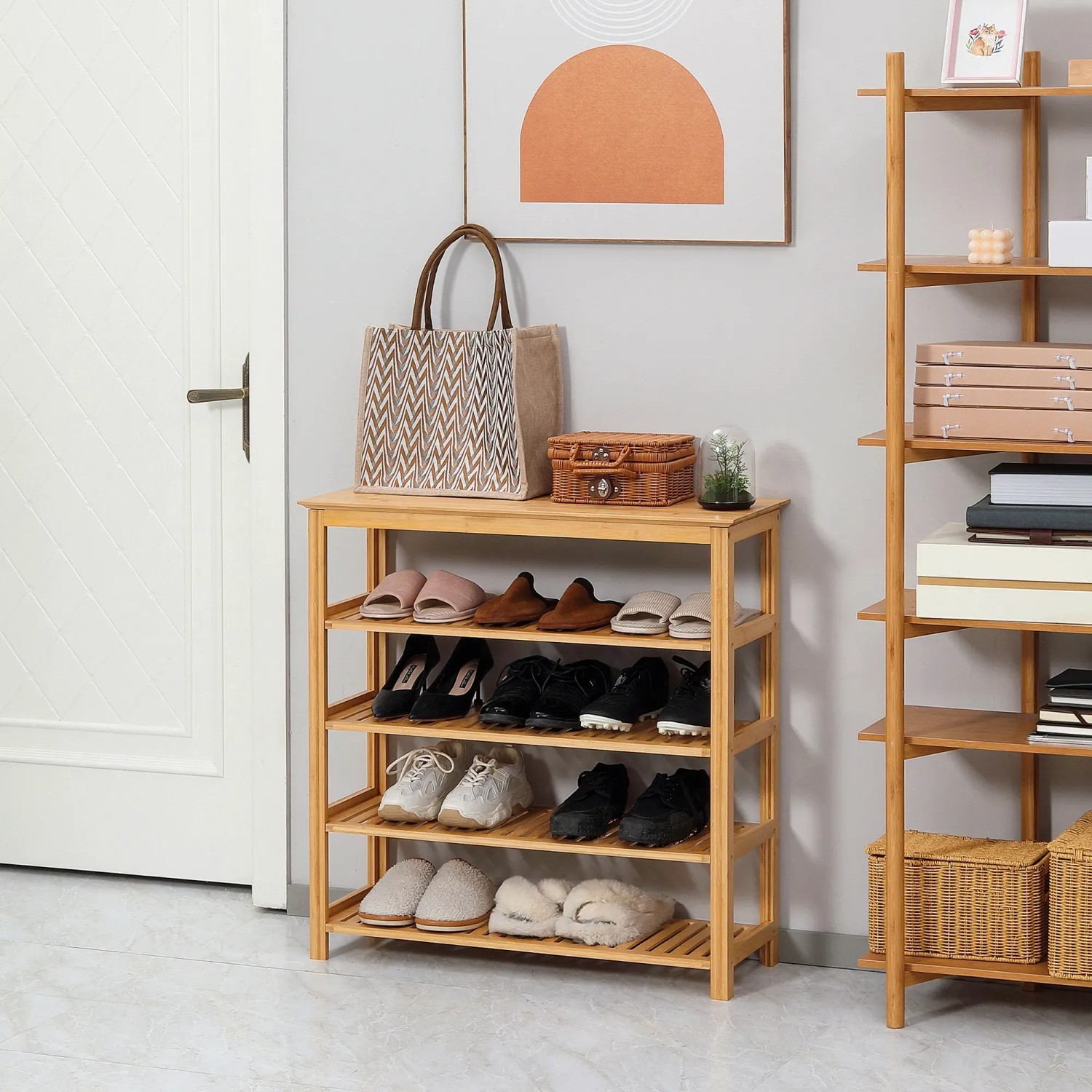 HOMCOM Schuhregal aus Bambus mit 5 Ebenen für bis zu 20 Paar Schuhe.