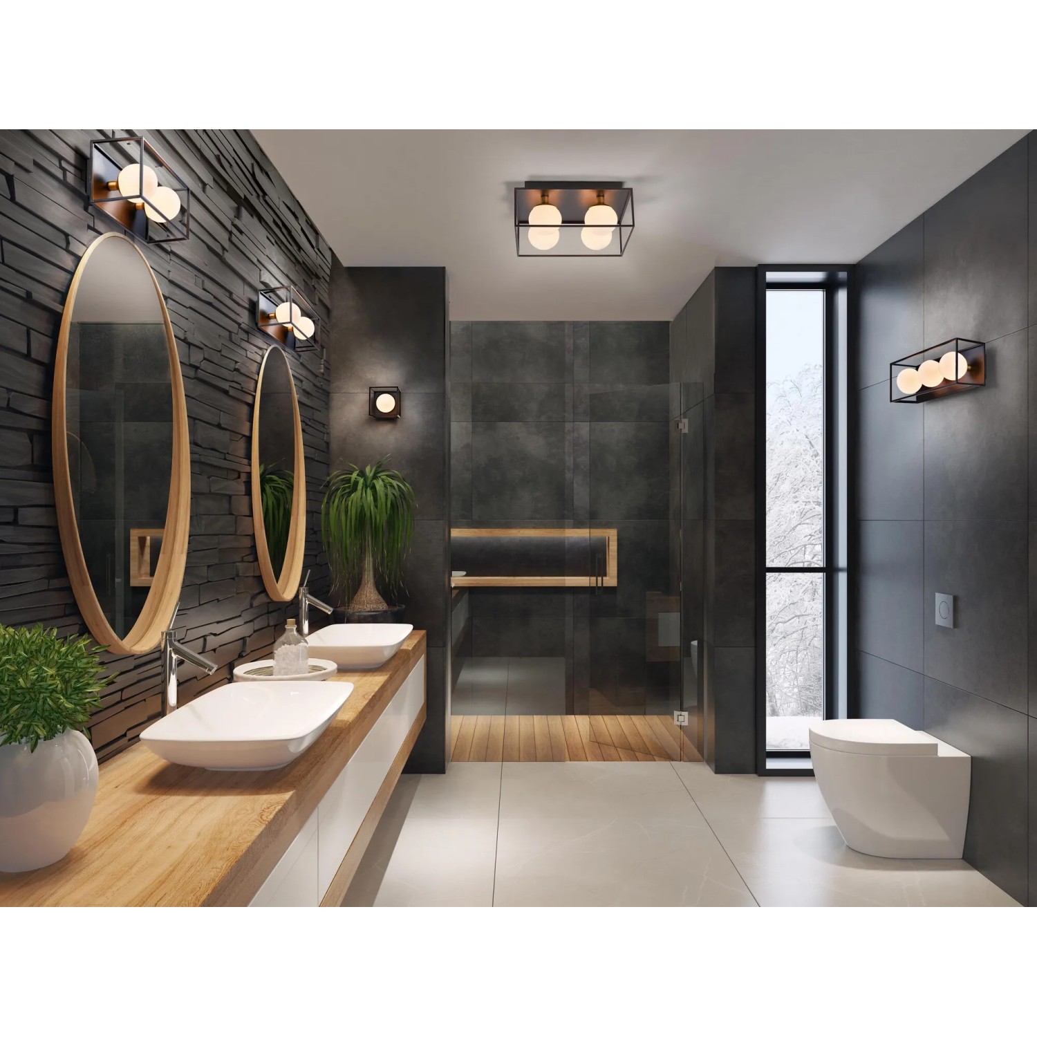 Moderne Ledvance Bad-Wandleuchte Decor Square, 3-flammig, schwarz, im Badezimmer.