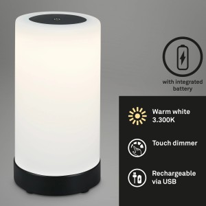 Brilo Akku-Tischleuchte Lama, schwarz, 3W. Dekoleuchte mit Touchdimmer und warmweißem Licht.