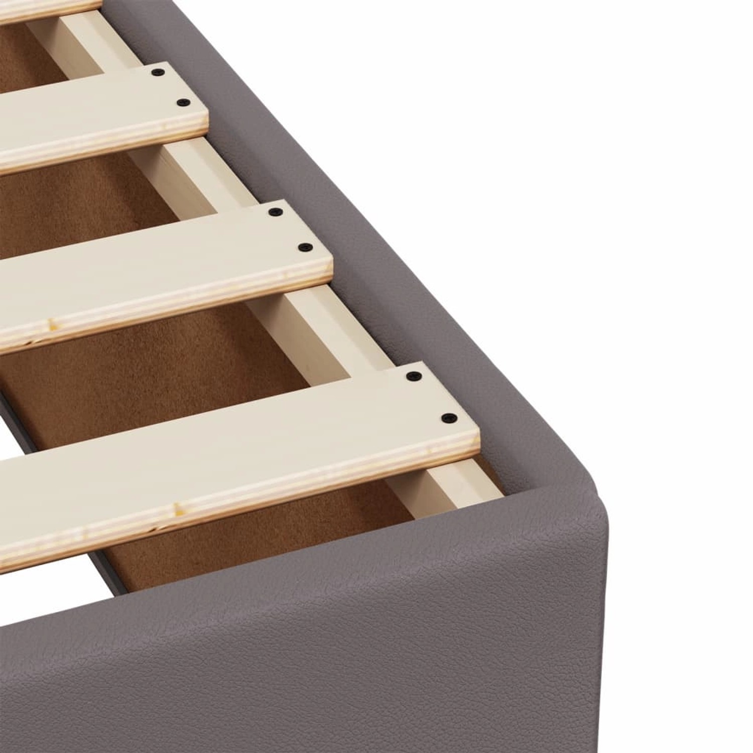 Detailansicht Boxspringbett grau 160x200 mit Lattenrost. Bett aus Kunstleder.