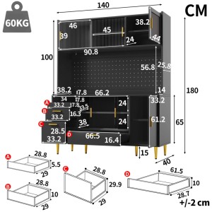 Schwarzer Merax Buffetschrank 180cm mit Glas-Schiebetüren, Schubladen, LED, Lochwand und goldenen Griffen. Maße: 140x40x180cm.