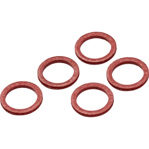 Fünf rote Fiberdichtungen (Ø 10 mm x Ø 14 mm) für Rohrleitungen.
