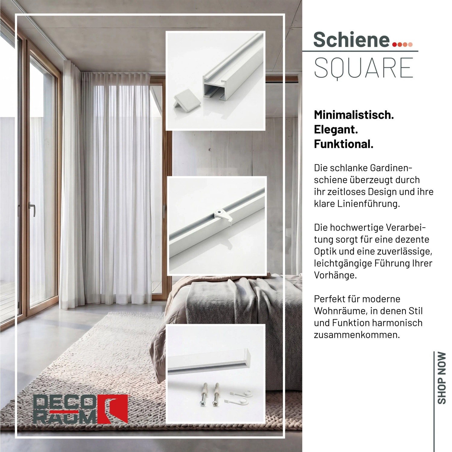 Weiße 1-Lauf Gardinenschiene Square mit Zubehör, Detailansichten des Profils und Gleiters. Ideal für moderne Wohnräume.