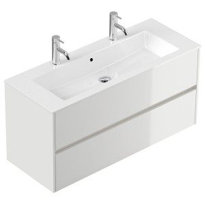 Posseik Badmöbel-Set Limes, 120 cm, Weiß Hochglanz mit Doppelwaschtisch und zwei Auszügen.