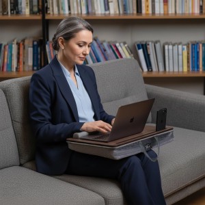 Relaxdays Laptopkissen mit Tasche MDF Polyester Schaumstoff Braun Grau mit Handyhalter Tabletablage Rutschfest 7 cm x 43 cm x 32 cm 1,1 kg