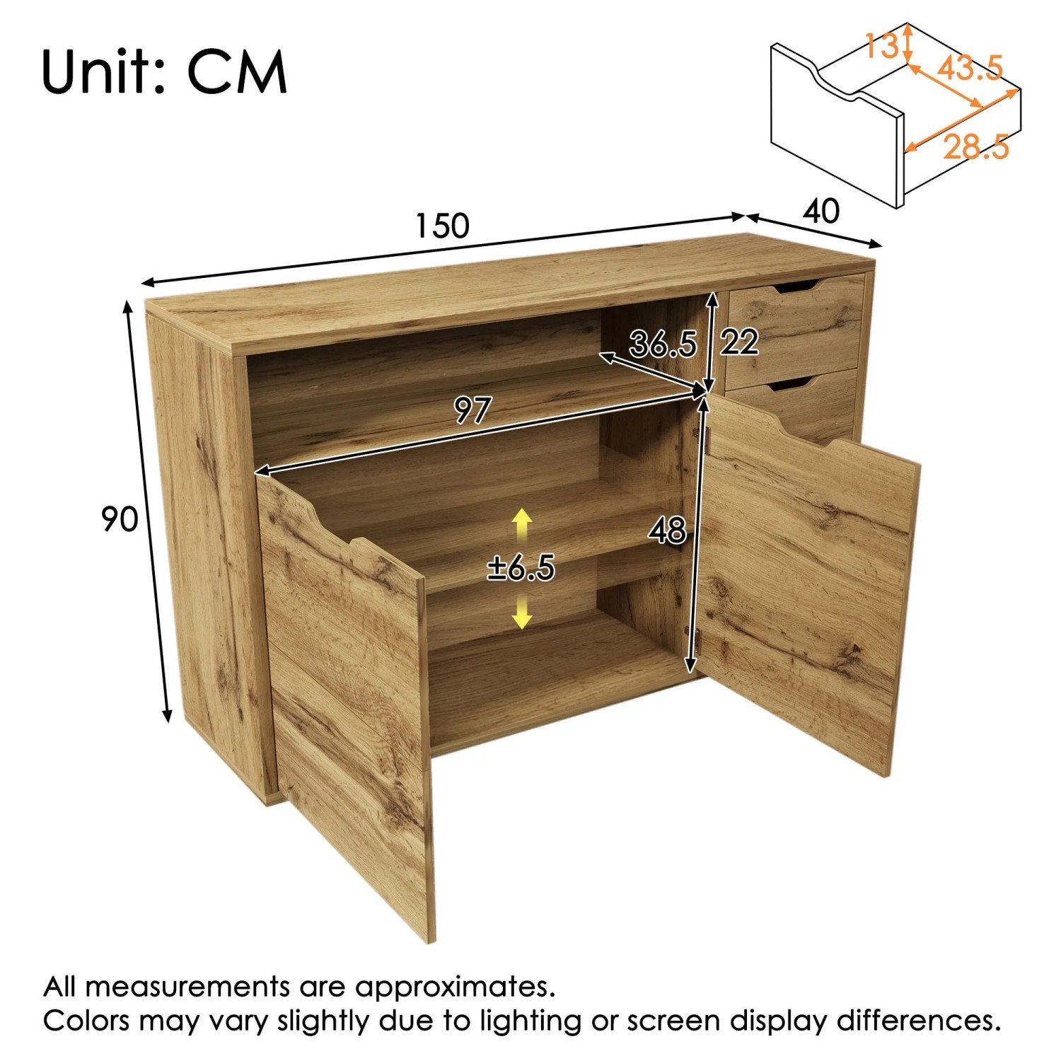 Maßzeichnung Merax Sideboard Eiche, 150x40x90cm, mit 2 Türen, offenem Fach & 2 Schubladen. Wohnzimmerschrank.